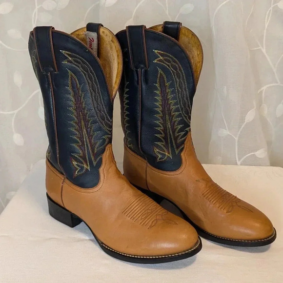 Tony Lama Shoes - Tony Lama Vintage Leather Cowboy Boots, Tan/Black, Size 9